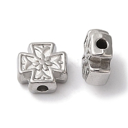 Tarnish Resistant 304 Stainless Steel Beads, Cross with Flower, Stainless Steel Color, 8x8x3.5mm, Hole: 1.6mm(STAS-I305-165P)