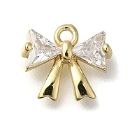 Rack Plating Brass Micro Pave Cubic Zirconia Charms, Long-Lasting Plated, Bowknot, Real 14K Gold Plated, 9x10.5x3mm, Hole: 1.4mm(KK-M014-02B-G)