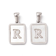 304 Stainless Steel Pave Shell Pendants, Rectangle Charm, Stainless Steel Color, Letter R, 17.5x12x1.5mm, Hole: 3x5mm(STAS-G327-01P-R)