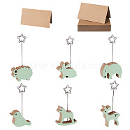 Kissitty 6Pcs 6 Style Animal Wood Name Card Holder, with Star Iron Clip and 50 Sheets Kraft Paper Table Plate, Bird & Deer & Elephant & Rabbit & Sheep & Horse, Pale Green, Card Holder: 101~115x50~59x18mm, Hole: 3mm, 1pcs/style(ODIS-KS0001-01)