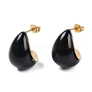 Teardrop Resin Stud Earrings, Ion Plating(IP) 304 Stainless Steel  Earrings for Women, Golden, Black, 22x15mm(EJEW-Z060-03G-02)