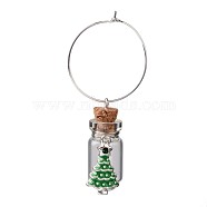 Glass Wishing Bottle Wine Glass Charms, with Christmas Tree Alloy Rhinestone Enamel Pendants and Brass Rings Hoop Earrings, Silver Color Plated, 60mm(X-AJEW-JO00134)