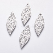 304 Stainless Steel Pendants, Textured Leaf, Stainless Steel Color, 35x12.5x1mm, Hole: 1.6mm(STAS-F230-14P)