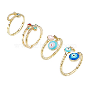 4Pcs 4 Styles Colorful Enamel Evil Eye Open Cuff Rings with Clear Cubic Zirconia, Brass Wrap Rings Set, Mixed Color, US Size 6 1/2~ 9 3/4(16.9~19.5mm), 1Pc/style(RJEW-FI0001-07)