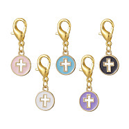 Alloy Enamel Pendant Decoration, with Zinc Alloy Lobster Claw Clasps, Flat Round with Cross, Mixed Color, 32mm, flat round: 15x12x1.5mm(HJEW-JM00974)