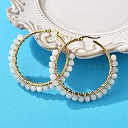 Beaded Hoop Earrings, with Natural Rainbow Moonstone Beads, Golden Plated 304 Stainless Steel Hoop Earrings and Cardboard Packing Box, 50mm, Pin: 0.6x1mm(X-EJEW-JE03830-01)