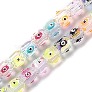 Transparent Evil Eye Glass Beads Strands, with Enamel, Faceted, Barrel, Mixed Color, 9x8.5~10mm, Hole: 1.5mm, about 40pcs/strand, 13.46''~13.62''(34.2~34.6cm)(LAMP-K037-02I)