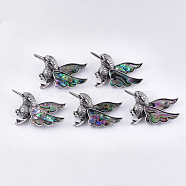 Abalone Shell/Paua Shell Brooches/Pendants, with Resin Bottom and Alloy Findings, Bird, Antique Silver, Dark Slate Gray, 31~32x53.5x12~12.5mm, hole: 6x3mm, Pin: 0.7mm(RESI-S376-19)