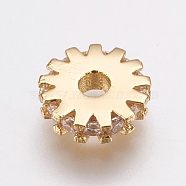 Brass Micro Pave Cubic Zirconia Bead Spacers, Flat Round/Gear, Clear, Golden, 8x2mm, Hole: 2mm(ZIRC-E143-21G)