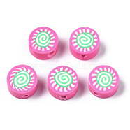 Handmade Polymer Clay Beads, for DIY Jewelry Crafts Supplies, Flat Round with Sun, Hot Pink, 9.5x4.5~5mm, Hole: 1.6mm(CLAY-N008-037G)