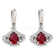 Brass Pave Cubic Zirconia Ginkgo Leaf Hoop Earrings for Women, Platinum, Dark Red, 29x18mm(EJEW-I304-30P-06)