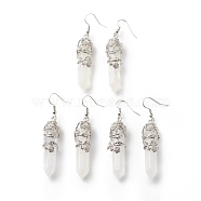 Natural Quartz Crystal Bullet with Flower Dangle Earrings, Platinum Tone Brass Jewelry for Women, Cadmium Free & Lead Free, 62~63mm, Pin: 0.6mm(EJEW-G300-02P-05)