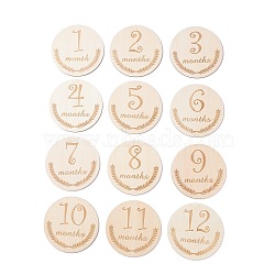 Flat Round Wood Cabochons with Month, PapayaWhip, 100x2.5mm, 12pcs/set(WOOD-XCP0001-43)