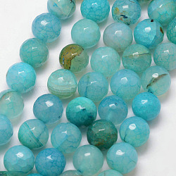 Natural Crackle Agate Bead Strands, Round, Grade A, Faceted, Dyed & Heated, Cyan, 12mm, Hole: 1mm, about 32pcs/strand, 15 inch(G-K166-07F-12mm-06)