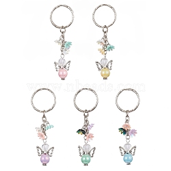 Angel Acrylic Beaded Keychain with Flower Opaque Resin Charms, with Iron Split Key Ring, Mixed Color, 7.8cm(KEYC-JKC00533)