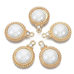Porcelain Pendants, with Light Gold Plated Brass Findings and Crystal Rhinestone, Half Round, Creamy White, 23x17x5mm, Hole: 1.8mm(KK-N235-039F)