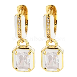 Rack Plating Real 18K Gold Plated Brass Enamel Rectangle Dangle Hoop Earrings, with Cubic Zirconia, Lead Free & Cadmium Free, Clear, 28x9.5mm(EJEW-K245-50G-01)