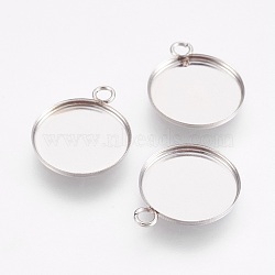 304 Stainless Steel Pendant Cabochon Settings, Plain Edge Bezel Cups, Flat Round, Stainless Steel Color, Tray: 12mm, 16x13.5x2mm, Hole: 1.8mm(STAS-F167-11P)