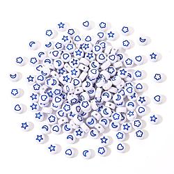 White Opaque Acrylic Beads, Flat Round with Heart & Flower & Moon & Star, Blue, 7x4mm, Hole: 1.6mm, 200pcs/set(MACR-YW0001-19A)