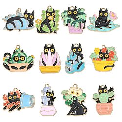 24Pcs 12 Styles Alloy Enamel Pandants, Lead Free & Cadmium Free, for Halloween, Cat Charm, Black, 22~30x19~28x1.5mm, Hole: 1.8mm, 2pcs/style(ENAM-CJ0005-09)