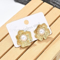 Ion Plating(IP) 304 Stainless Steel Stud Earrings, with Platic Imitation Pearl for Women, Flower, Golden, 19.5x20.5mm(EJEW-A119-10G)