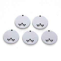 201 Stainless Steel Charms, Laser Cut, Flat Round with Crown, Stainless Steel Color, 14x1mm, Hole: 1mm(X-STAS-N092-11)