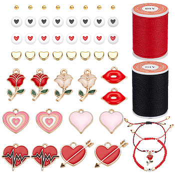 Valentine's Day DIY Bracelet Making Kit, Including Rose & Heart & Lip Alloy Enamel Pendants, Plastic & Brass Beads, Red, 264Pcs/set