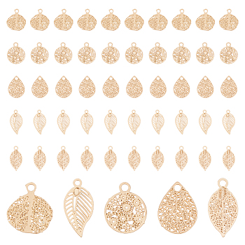 150Pcs 5 Style Rack Plating Brass Filigree Charms, Long-Lasting Plated, Leaf & Flat Round, Light Gold, 9~12.5x6.5~8x0.4mm, Hole: 1~1.2mm, 30pcs/style