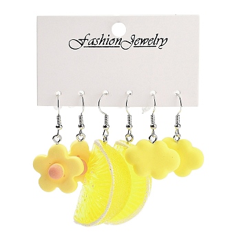 3 Styles Summer Flower & Lemon & Cloud Acrylic Dangle Earring Sets for Women, Yellow, 37.5~60x21~24.5mm, 3 pairs/set