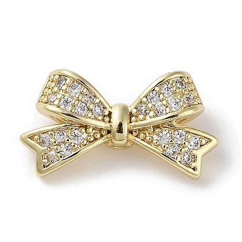 Brass Micro Pave Clear Cubic Zirconia Beads, Bowknot, Real 18K Gold Plated, 9.5x17.5x5mm, Hole: 1mm