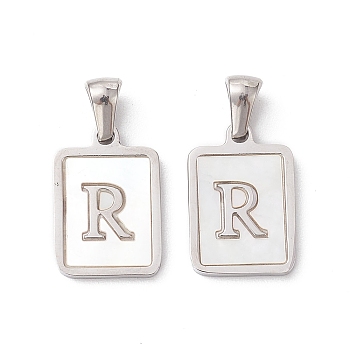 304 Stainless Steel Pave Shell Pendants, Rectangle Charm, Stainless Steel Color, Letter R, 17.5x12x1.5mm, Hole: 3x5mm