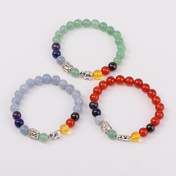 Stretch Buddhist Jewelry Multi-Color Gemstone Chakra Bracelets, with Tibetan Style Beads, Antique Silver, Mixed Stone, 55mm