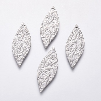 304 Stainless Steel Pendants, Textured Leaf, Stainless Steel Color, 35x12.5x1mm, Hole: 1.6mm