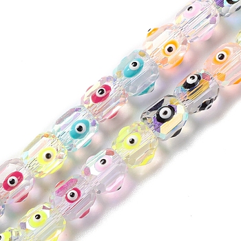 Transparent Evil Eye Glass Beads Strands, with Enamel, Faceted, Barrel, Mixed Color, 9x8.5~10mm, Hole: 1.5mm, about 40pcs/strand, 13.46''~13.62''(34.2~34.6cm)