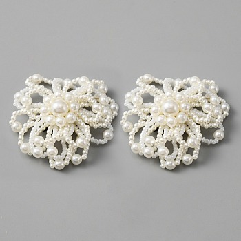 Beaded Plastic Imitation Pearl Flower Shoe Decoration, Alloy Detachable Shoe Buckle Clips, with Iron Findings, Flower, White, 59x63x19mm