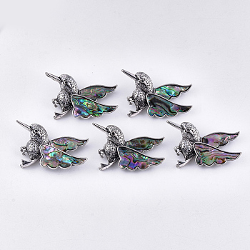 Abalone Shell/Paua Shell Brooches/Pendants, with Resin Bottom and Alloy Findings, Bird, Antique Silver, Dark Slate Gray, 31~32x53.5x12~12.5mm, hole: 6x3mm, Pin: 0.7mm