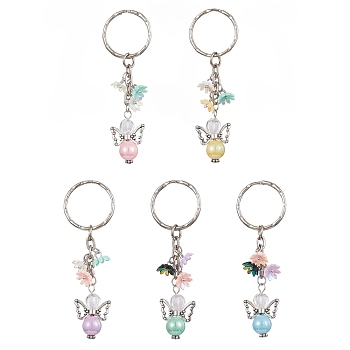 Angel Acrylic Beaded Keychain with Flower Opaque Resin Charms, with Iron Split Key Ring, Mixed Color, 7.8cm