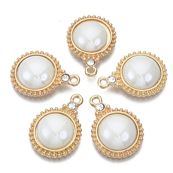 Porcelain Pendants, with Light Gold Plated Brass Findings and Crystal Rhinestone, Half Round, Creamy White, 23x17x5mm, Hole: 1.8mm