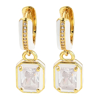 Rack Plating Real 18K Gold Plated Brass Enamel Rectangle Dangle Hoop Earrings, with Cubic Zirconia, Lead Free & Cadmium Free, Clear, 28x9.5mm