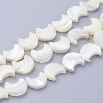 Natural White Shell Beads Strands, Mother of Pearl Shell Beads, Moon, White, about 11mm wide, 12mm long, 3mm thick, hole: 1mm, 34 pcs/strand, 16 inch