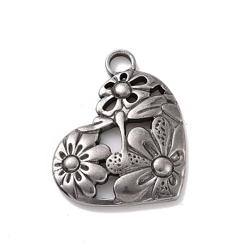 304 Stainless Steel Pendants, Heart with Flower, Stainless Steel Color, 26x21x3mm, Hole: 3.2mm