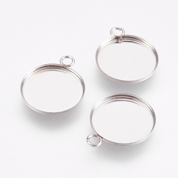 304 Stainless Steel Pendant Cabochon Settings, Plain Edge Bezel Cups, Flat Round, Stainless Steel Color, Tray: 12mm, 16x13.5x2mm, Hole: 1.8mm