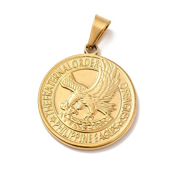 Vacuum Plating 201 Stainless Steel Coin Pendants, Flat Round with Eagle, Golden, 32x28.5x3mm, Hole: 8.5x4.5mm