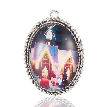 Antique Silver Plated Alloy Big Pendants, with Glass Cabochon, Oval with Christmas Theme Pattern, 50.5x37x10mm, Hole: 3mm