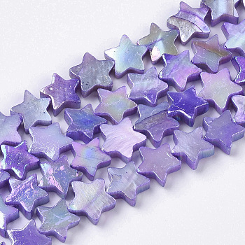 Freshwater Shell Beads Strands, AB Color Plated, Dyed, Star, Medium Purple, 8~9x9x2~3mm, Hole: 0.8mm, about 55~59pcs/strand, 15.89 inch(40.36cm) 
