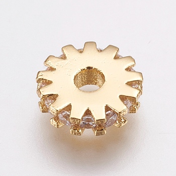 Brass Micro Pave Cubic Zirconia Bead Spacers, Flat Round/Gear, Clear, Golden, 8x2mm, Hole: 2mm