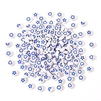 White Opaque Acrylic Beads, Flat Round with Heart & Flower & Moon & Star, Blue, 7x4mm, Hole: 1.6mm, 200pcs/set