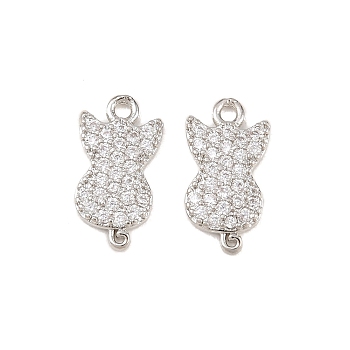 Brass Micro Pave Clear Cubic Zirconia Connector Charms, Cat Shape Links, Long-Lasting Plated, Rack Plating, Lead Free & Cadmium Free, Platinum, 15x8x2mm, Hole: 1.2mm