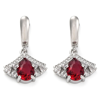 Brass Pave Cubic Zirconia Ginkgo Leaf Hoop Earrings for Women, Platinum, Dark Red, 29x18mm