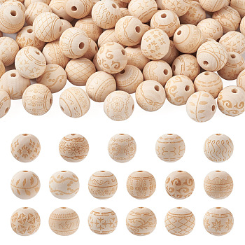 Cheriswelry 102Pcs 17 Style Unfinished Natural Wood European Beads, Large Hole Beads, for DIY Painting Craft, Laser Engraved Pattern, Round, Antique White, 20x18mm, Hole: 4mm
